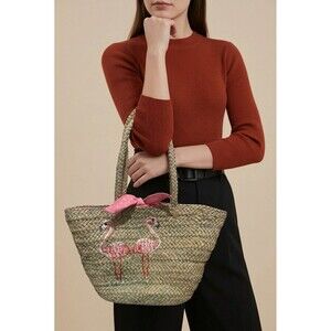 Quacker Factory Flamingo Beach Bag Wicker Summer Tote QVC